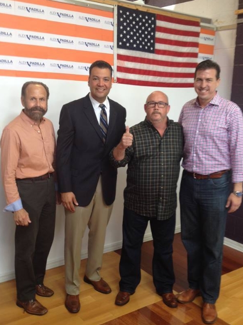 Sen. Alex Padilla (second left), pictured here with Sen. Jerry Hill (first left), CAVO Secretary Brent Turner and Assembly member Kevin Mullin, says open source is the ultimate for election system security.  